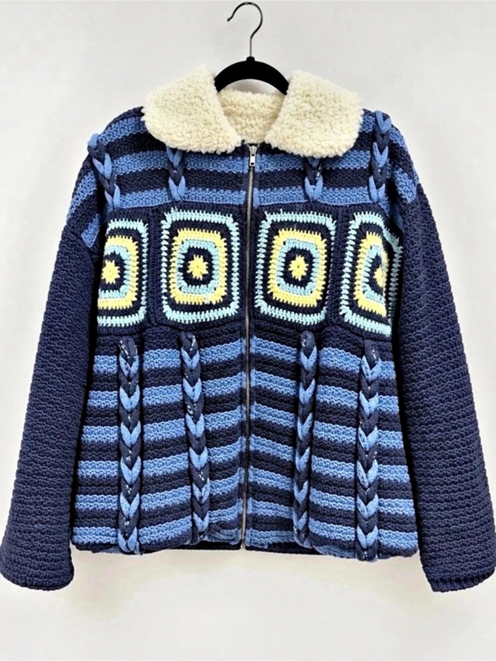 Moon River Free People Geometric Knit Teddy Jacket in Blue & Yellow Size Medium